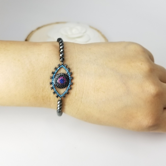 Pave Color CZ Evil Eye Hematite Bracelet NEW - Picture 7 of 7